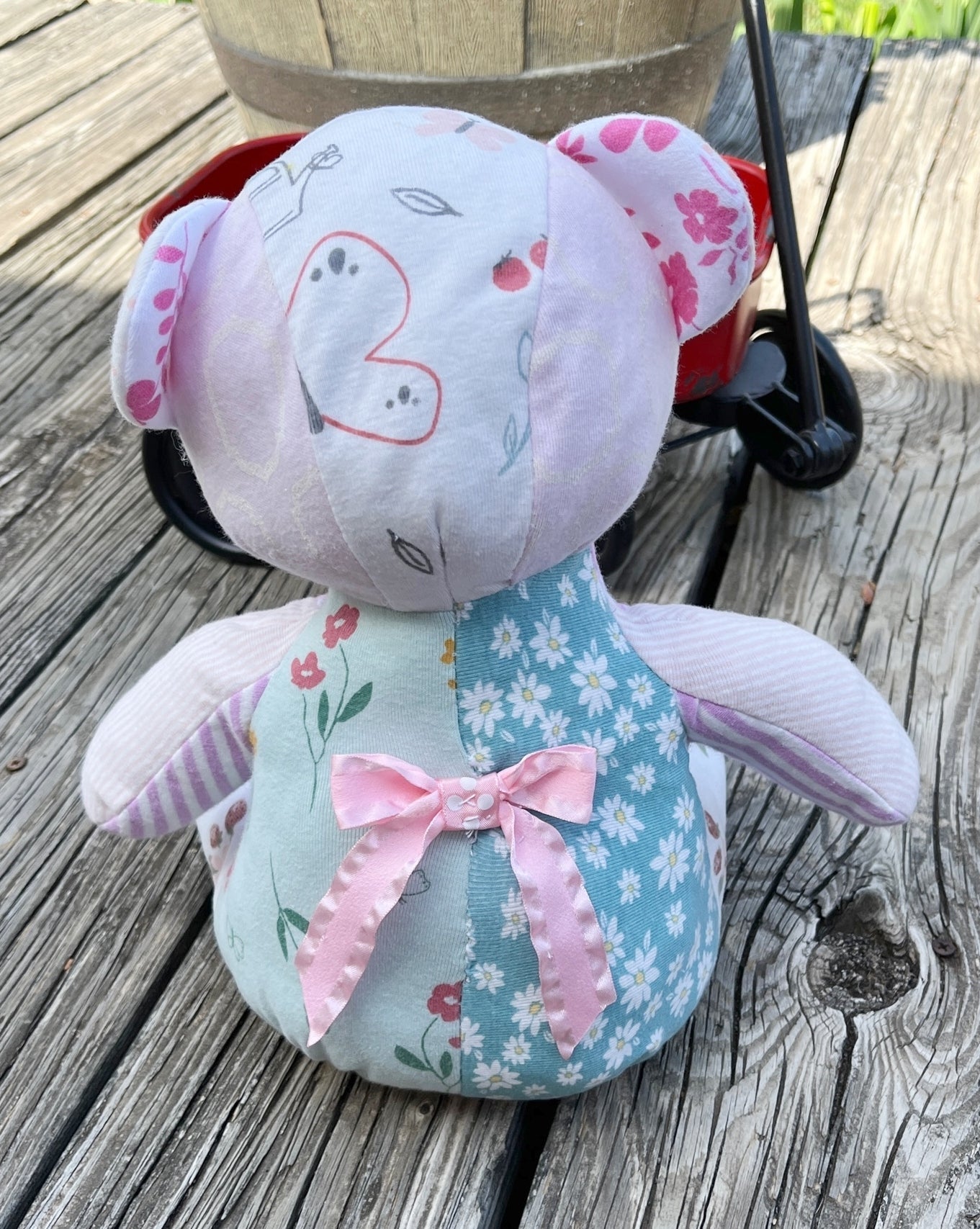 custom memory bear, back of the bear, (shown girl, made from baby clothes)