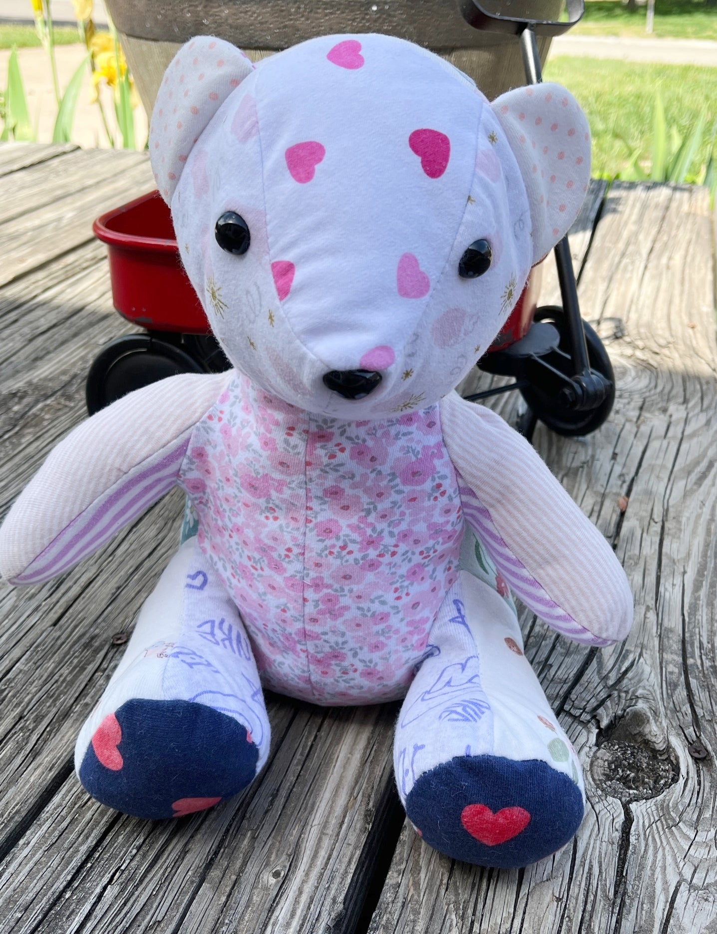 custom memory bear (shown girl, made from baby clothes)