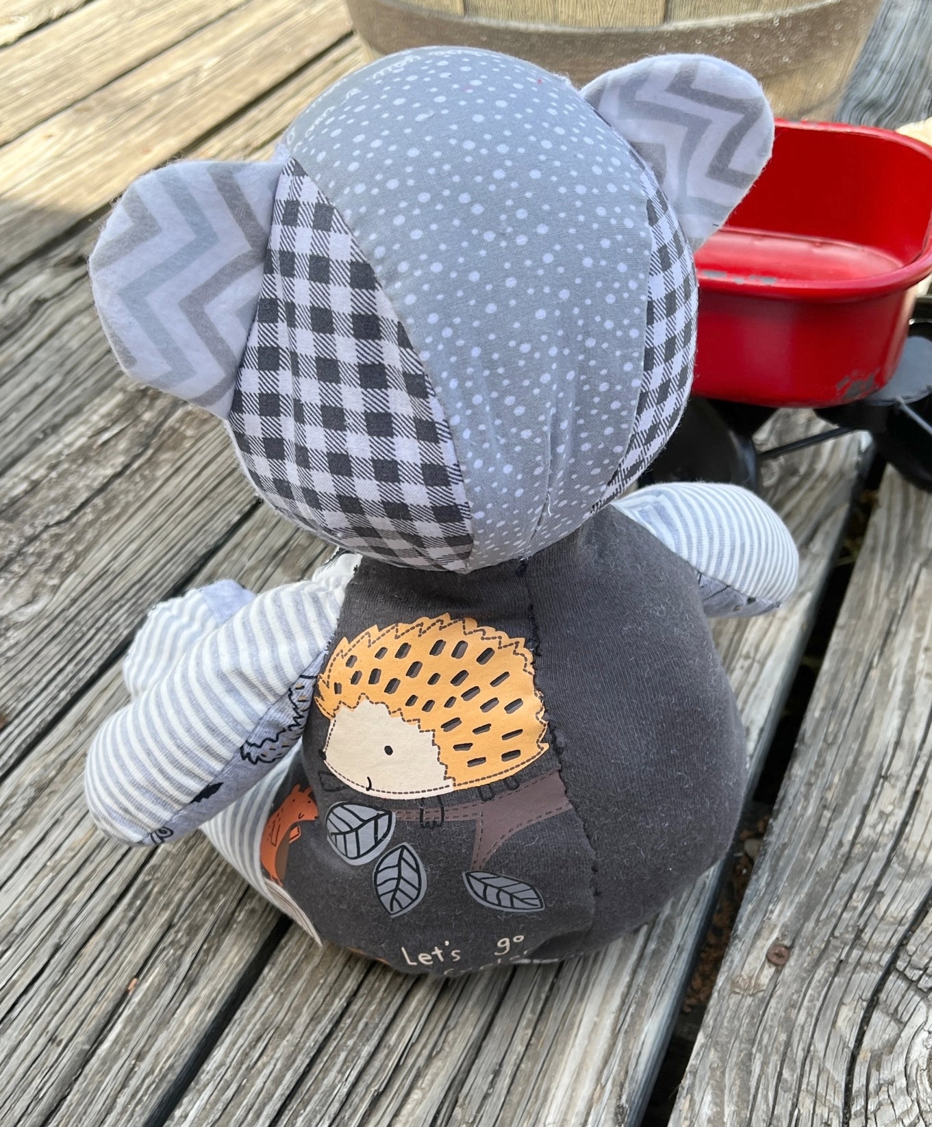 custom memory bear, back of the bear (shown boy, made from baby clothes)