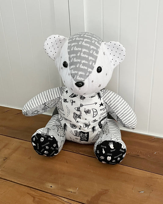 custom memory bear, back of the bear (shown boy, made from baby clothes)