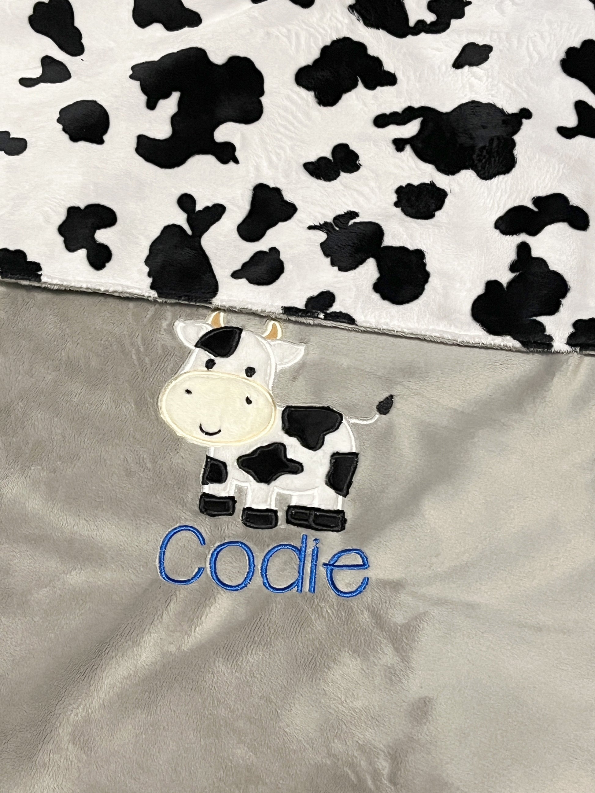 cow minky blanket - shown with name and add on cow applique. Cow add on is $15 extra. Please email me before ordering if you are wanting the cow. 