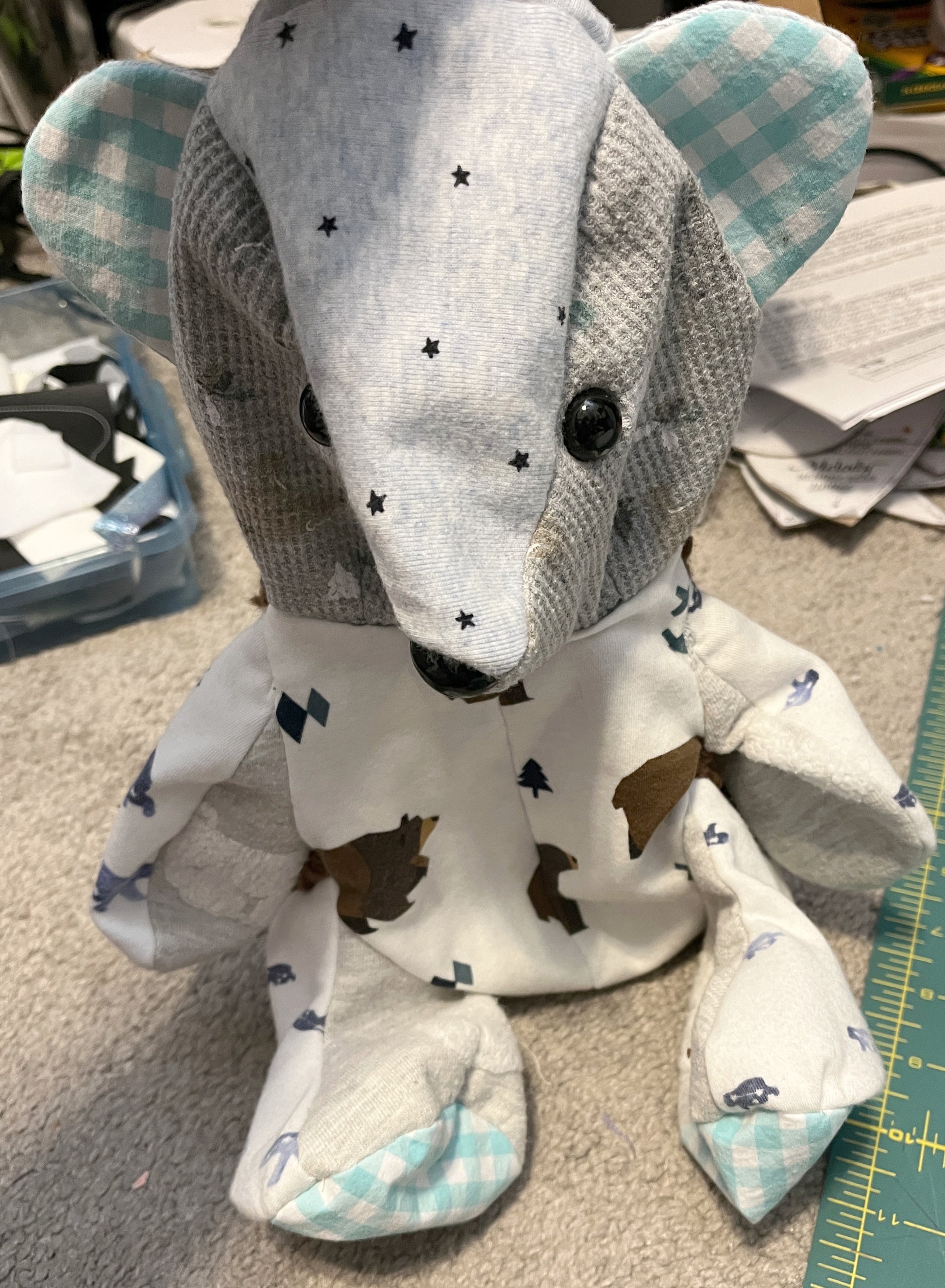 Bear ready to be stuffed. Bear made with baby clothes, 12-13" size.