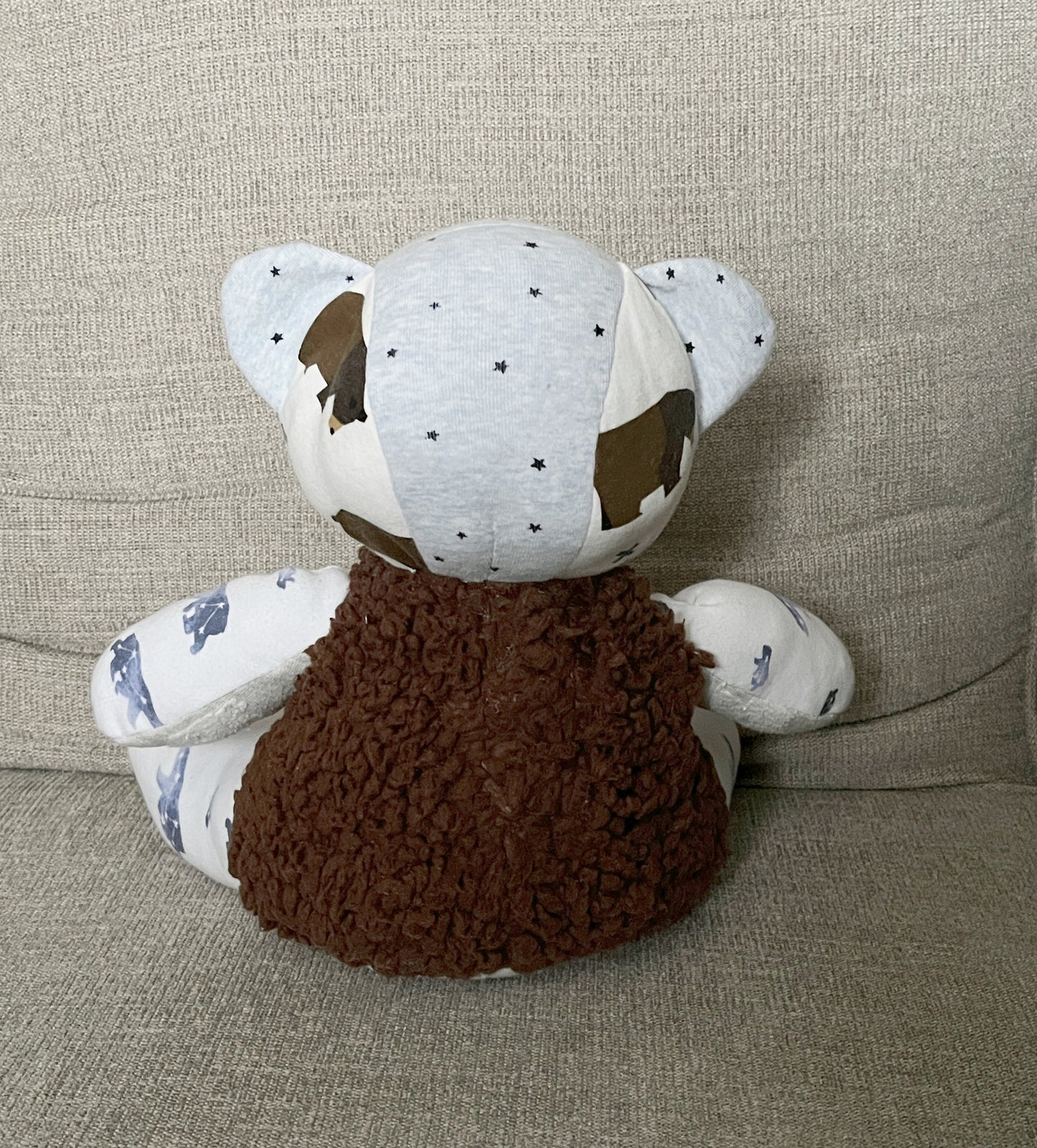 Bear made with baby clothes, 12-13" size.