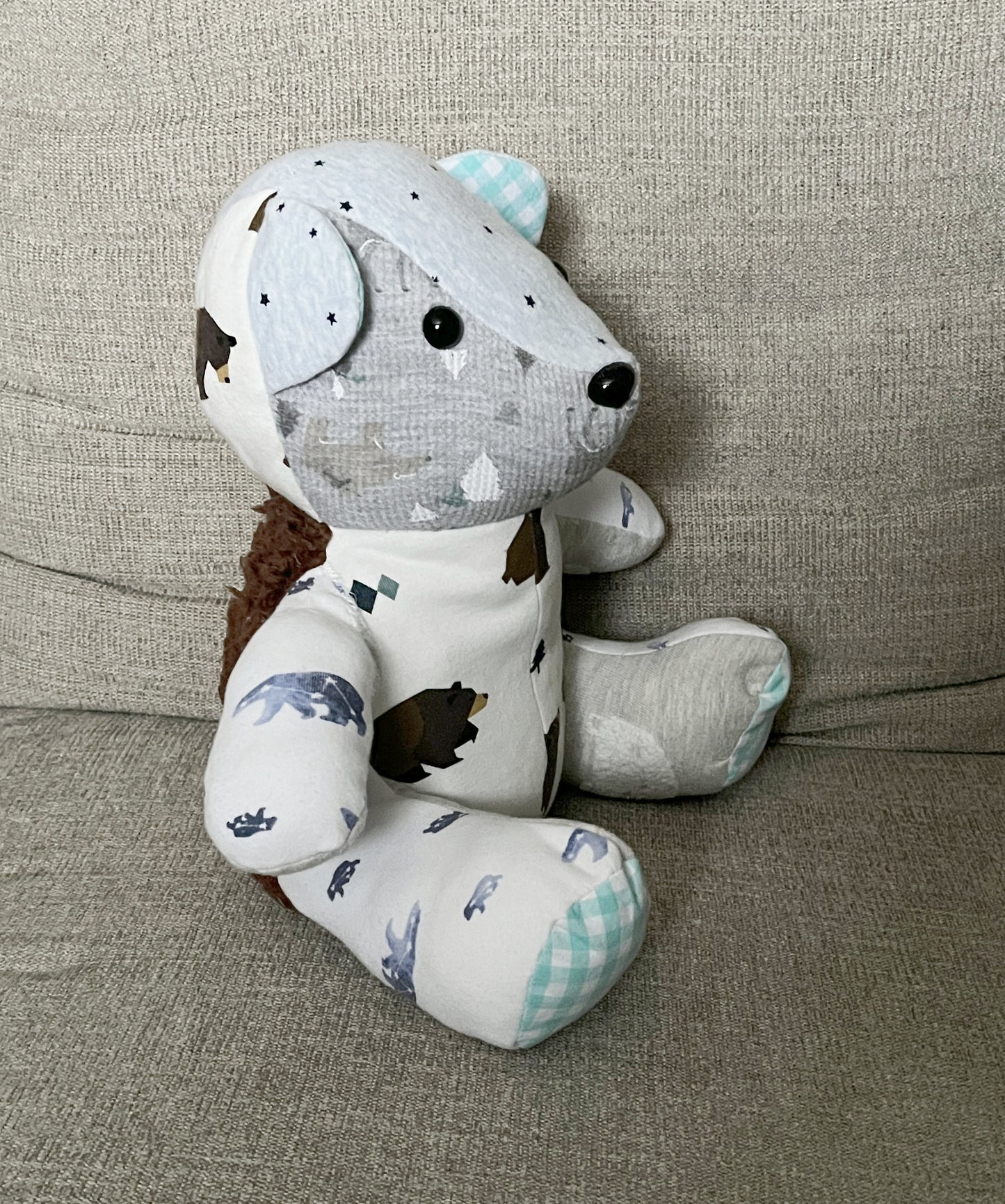Bear made with baby clothes, 12-13" size.
