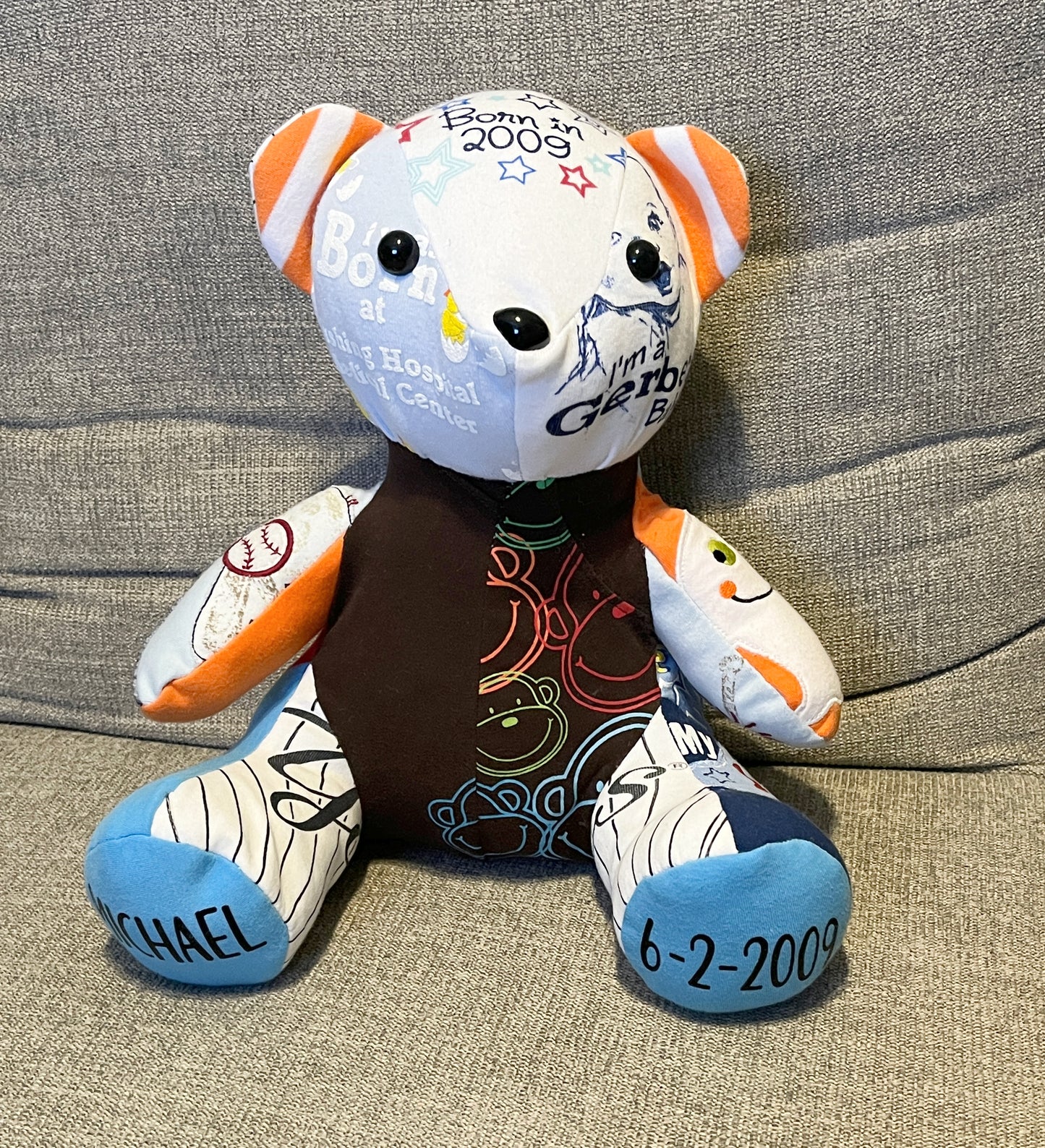memory bear made from baby clothes, showing the name & birthday add on