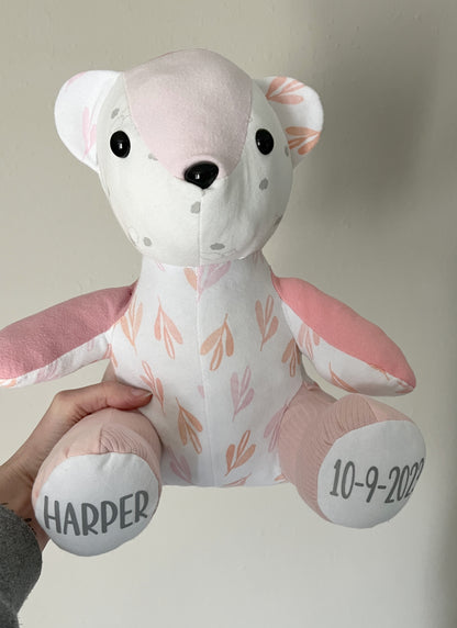 bear shown with girl baby clothes and name & birthday add on