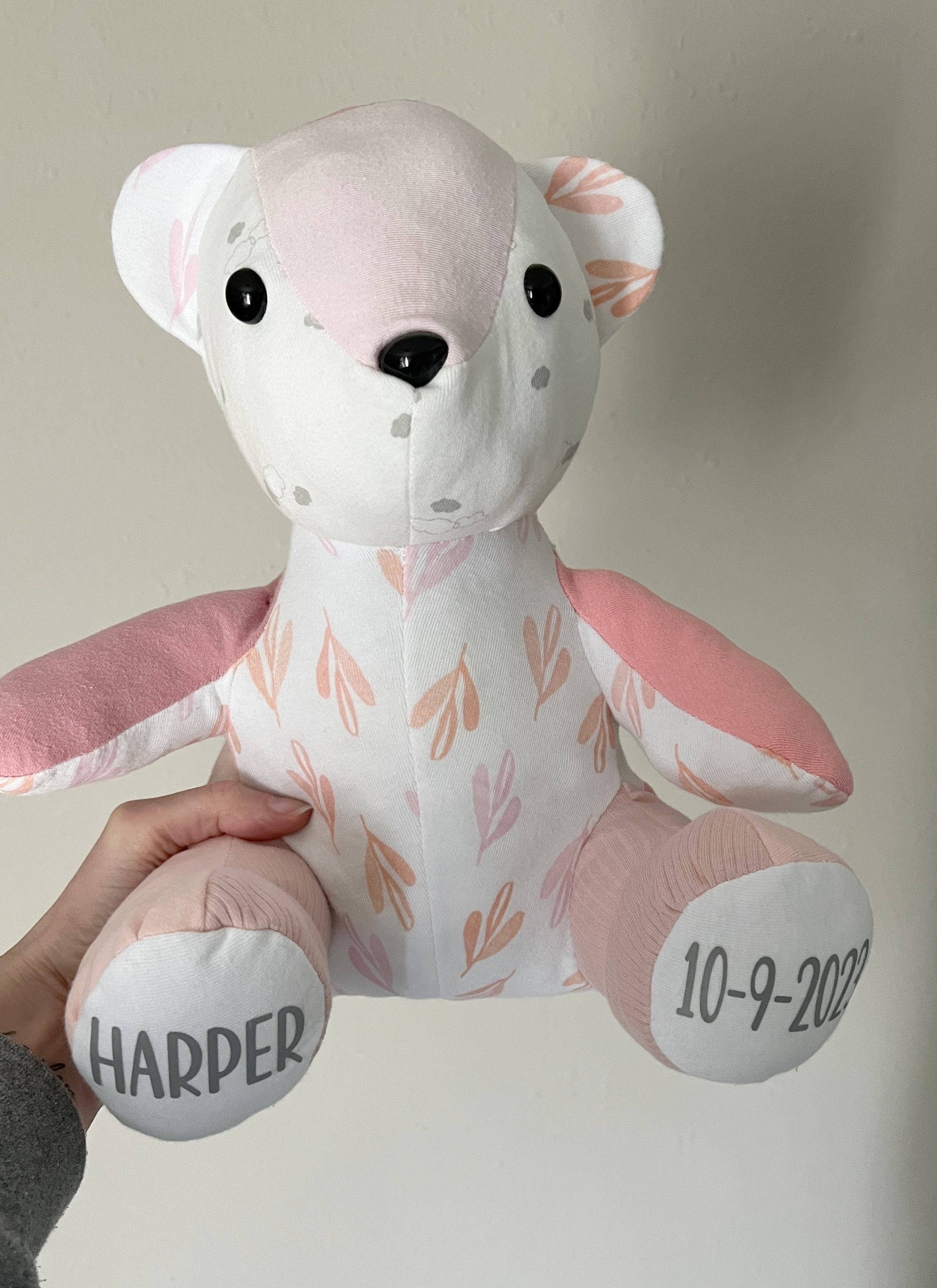 patchwork bear with name & birthdate add on