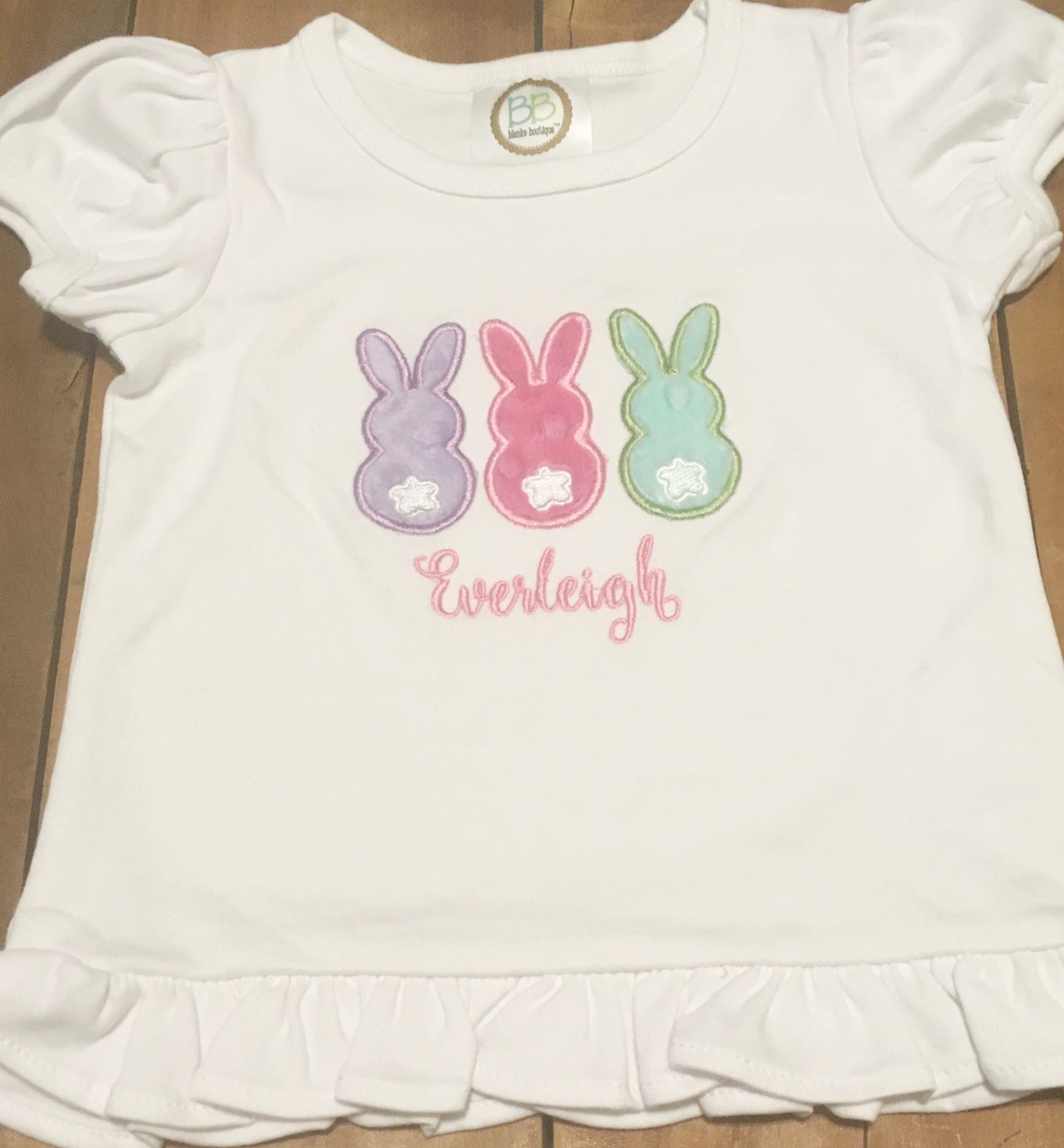 Embroidered Easter bunny shirt, the bunnies are minky appliques with optional name
