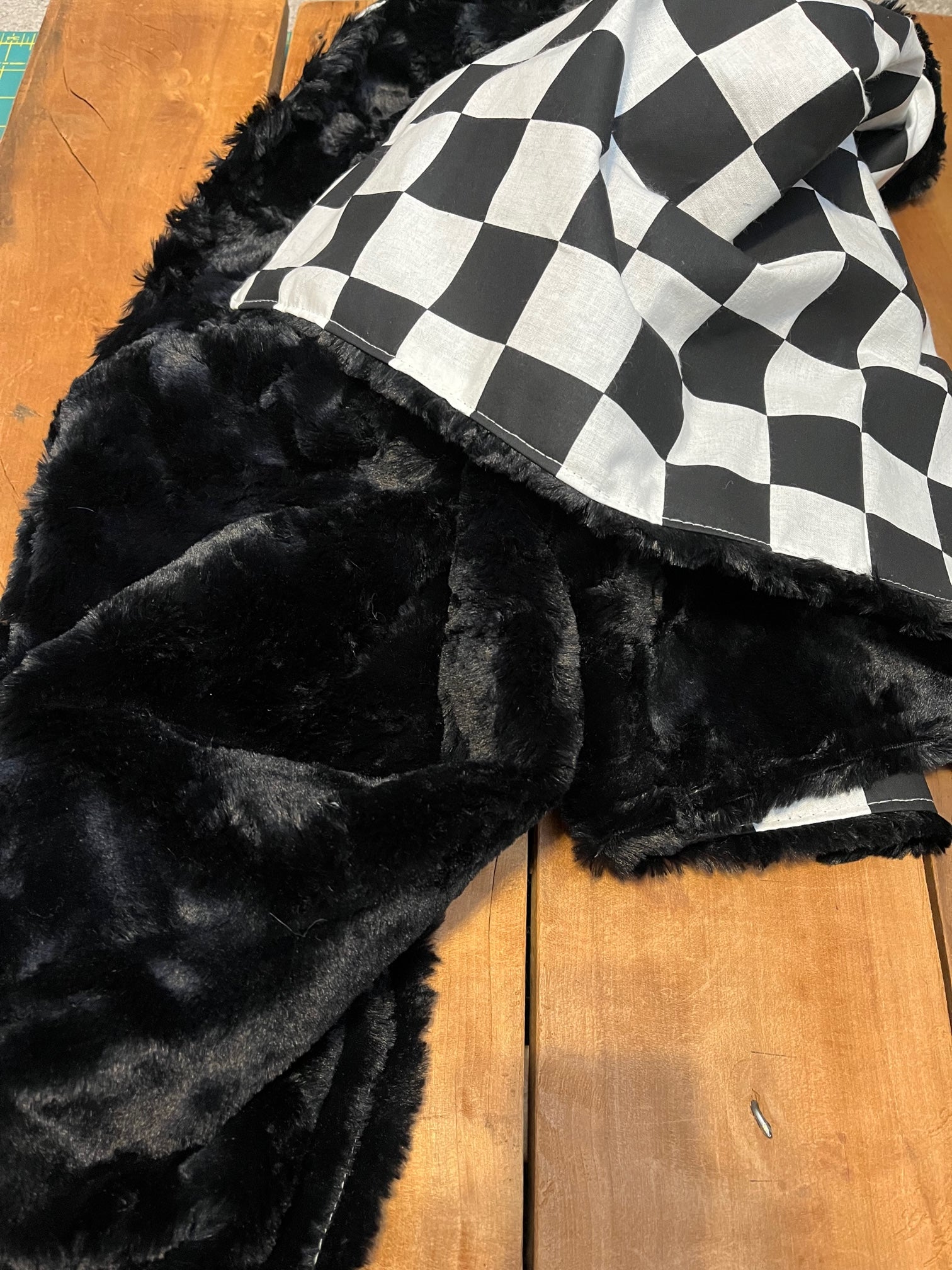 shown with cotton racing check and black fur minky fabric. Limited quanitites of the fur.