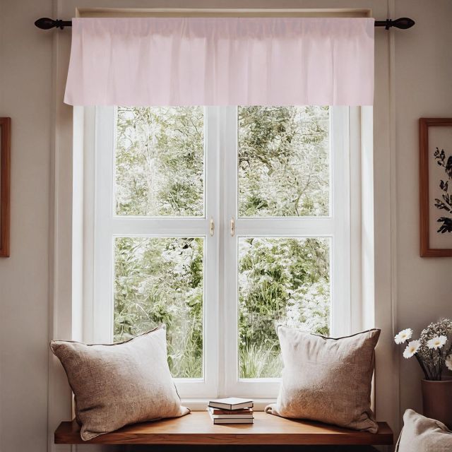 Window with pink curtain, wooden bench, and pillows in a room.
Light Pink Window Valance, Nursery Room Curtain - The Creative Raccoon
