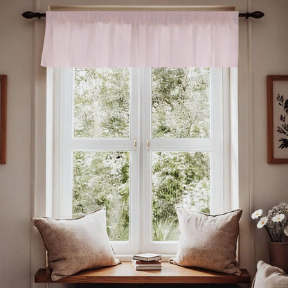 Window with pink curtain, wooden bench, and pillows in a room.
Light Pink Window Valance, Nursery Room Curtain - The Creative Raccoon