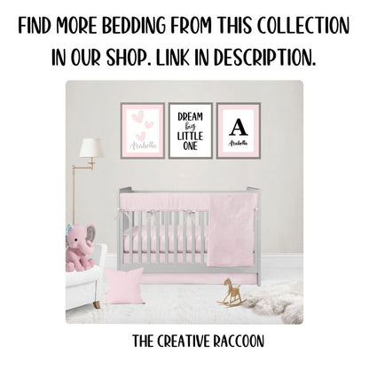Nursery room with pink crib bedding set and a gray crib, pink elephant, and rocking horse. Wall art in light pink with text 'dream big little one, hearts and child's name, and letter 'A' with child's name. 
Light Pink Window Valance, Nursery Room Curtain - The Creative Raccoon