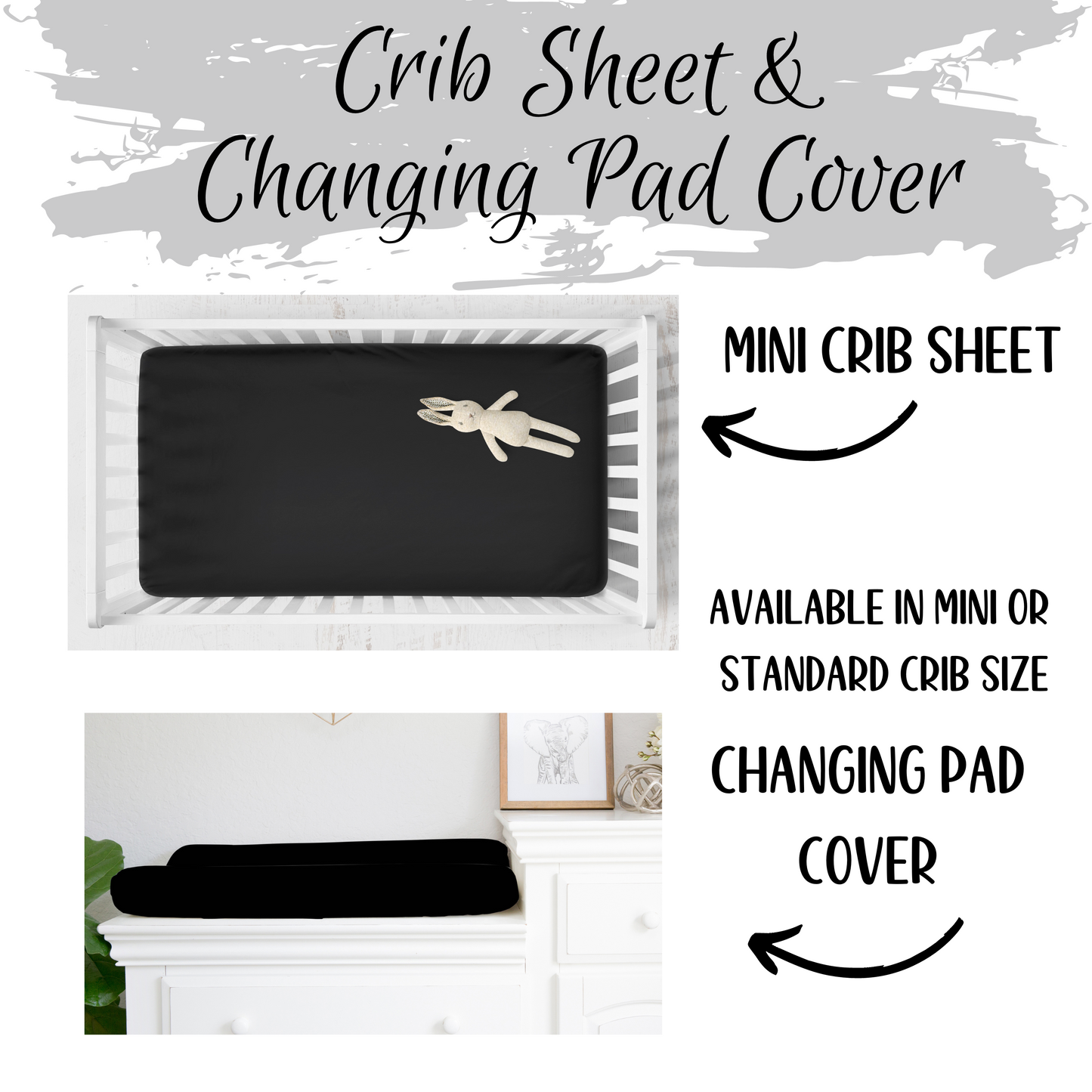 black mini crib sheet & black changing pad cover