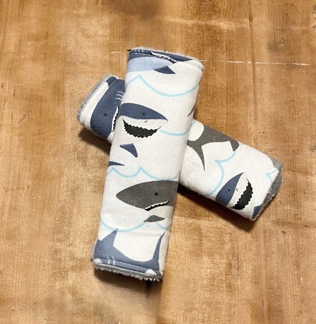 Shark Car Seat Strap Covers shown with gray minky back. 
Nautical Car Seat Strap Covers Shark Nursery - The Creative Raccoon