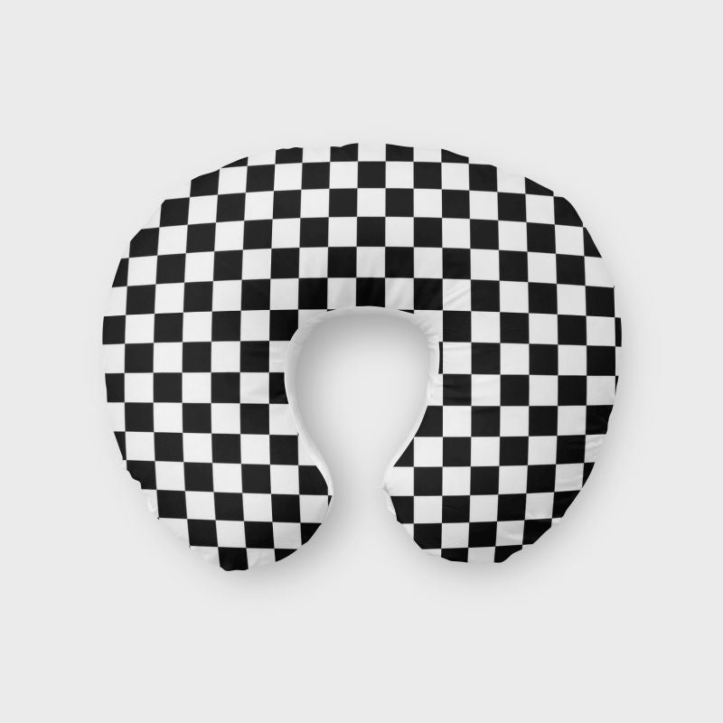 Black and white checkered U-shaped nursing pillow. Nursing Pillow Cover & Nursing Cover: Checkered - The Creative Raccoon