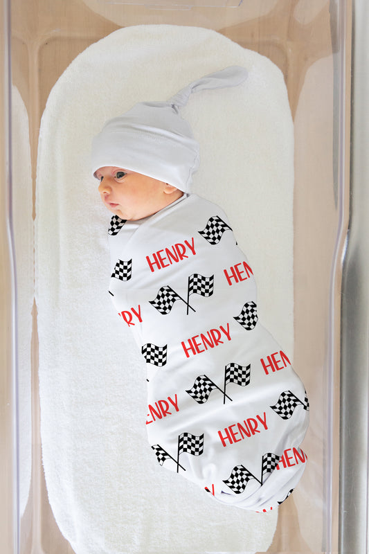 racing flag & name swaddle blanket. Hats are upon request