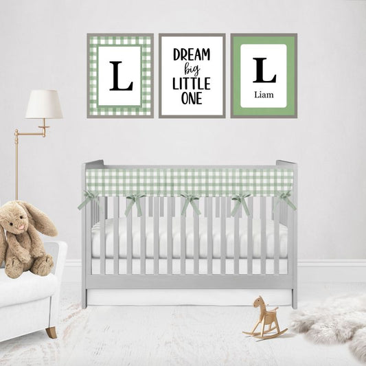 Sage Green Crib Rail Cover Set Gingham Crib Bedding Set Nursery - The Creative Raccoon