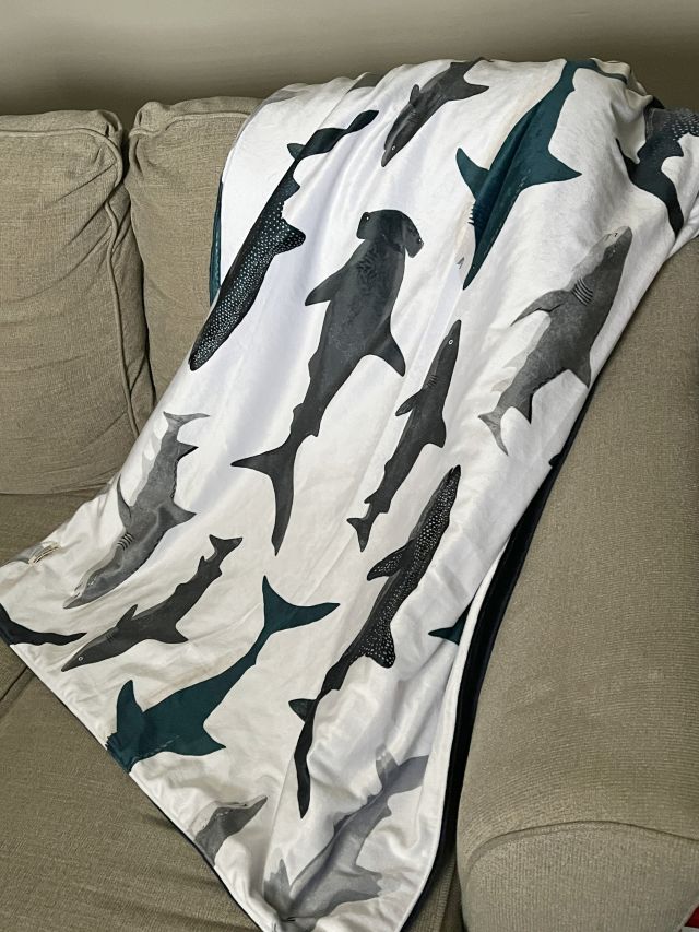 Blanket with shark pattern draped over a couch
Shark Baby Blanket, Nautical Themed Nursery - The Creative Raccoon
