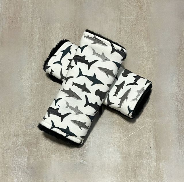 Shark Car Seat Strap Covers shown with black minky back. 
Shark Car Seat Strap Covers Nautical Nursery - The Creative Raccoon