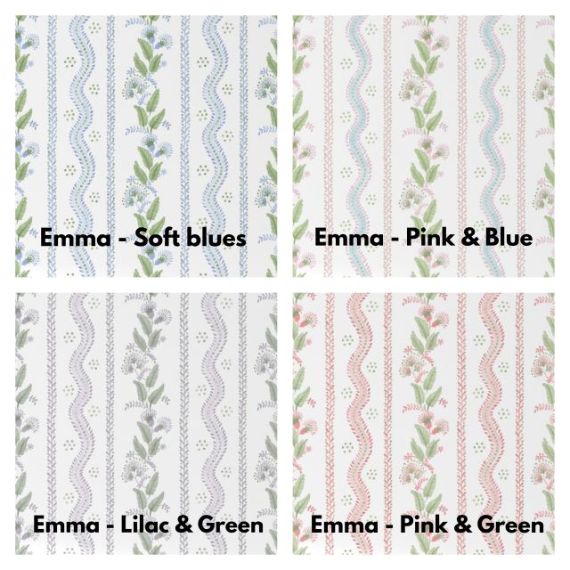 Floral pattern with green leaves and pink flowers on a white background for window valances. Stripes and Vines, Designer Floral - Pick Your Color - The Creative Raccoon