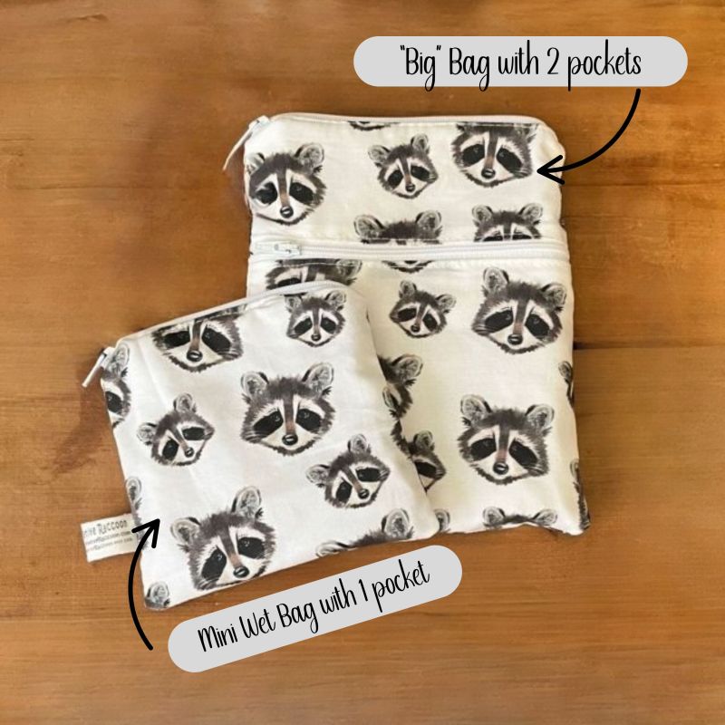 Shows "big" bag with 2 pockets and mini wet bag with one pocket. 
Wet Dry Bag, Wet Bag, Period Pouch - The Creative Raccoon