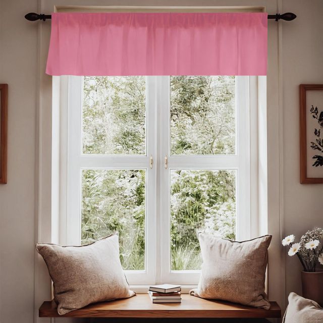 Window with pink valance, white frame, and wooden bench with pillows.
Window Valance, Hot Pink Curtain, Room Decor - The Creative Raccoon