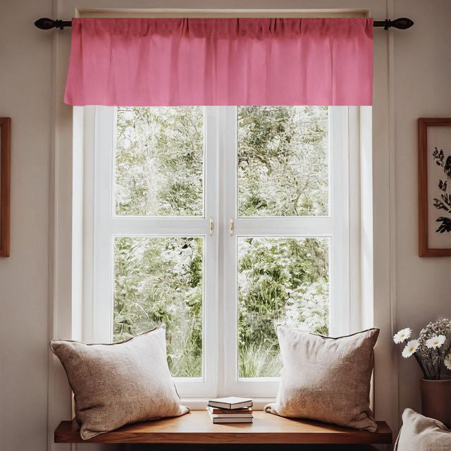 Window with pink valance, white frame, and wooden bench with pillows.
Window Valance, Hot Pink Curtain, Room Decor - The Creative Raccoon