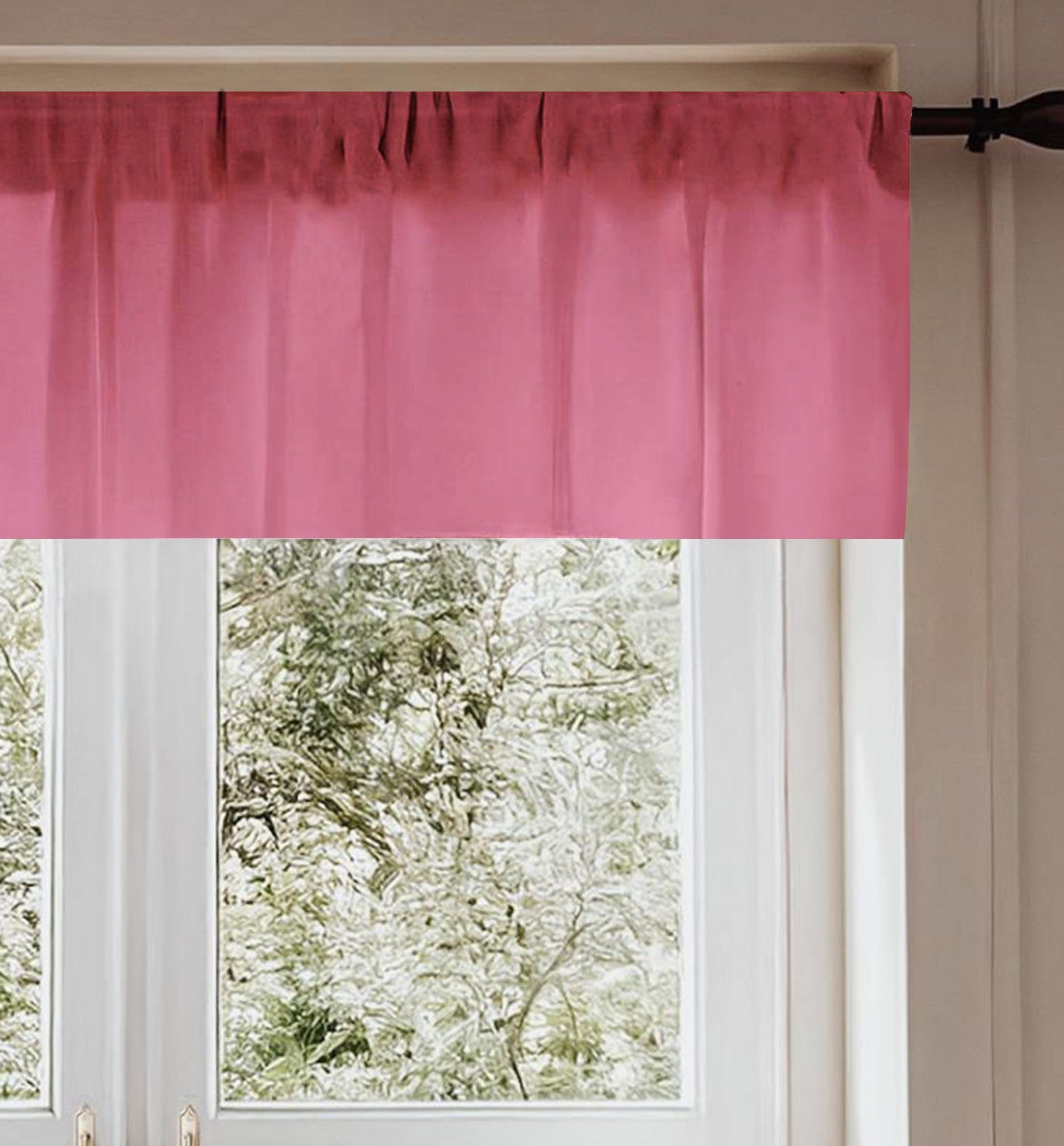 Pink curtain valance on a window with a view of trees outside.
Window Valance, Hot Pink Curtain, Room Decor - The Creative Raccoon