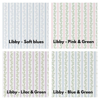 Floral pattern with green leaves and pink flowers on a white background for window valances. Window Valance Stripes and Vines, Designer Floral - Pick Your Color - The Creative Raccoon