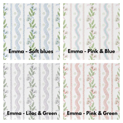 Floral pattern with green leaves and pink flowers on a white background for window valances. Window Valance Stripes and Vines, Designer Floral - Pick Your Color - The Creative Raccoon