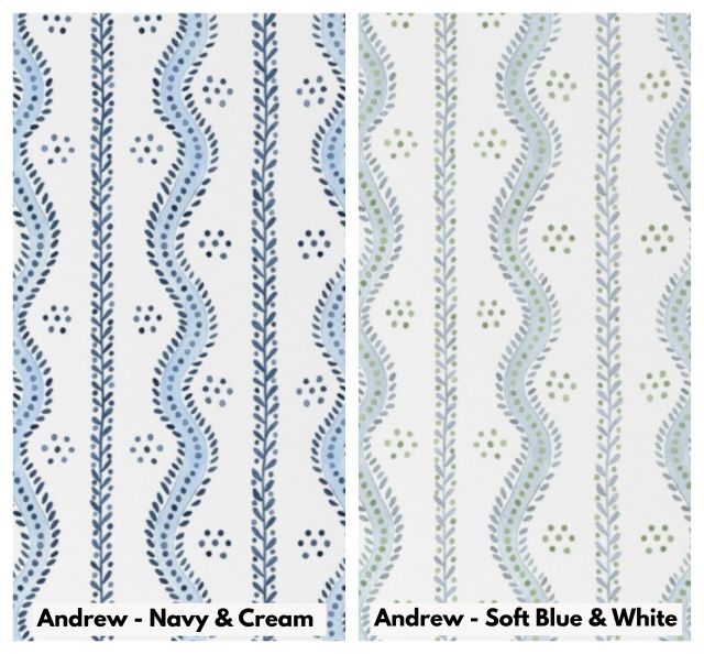 Wavey stripe design in navy and cream and soft light blue and white with dots on a white background for window valances. Window Valance Stripes and Vines, Designer Floral - Pick Your Color - The Creative Raccoon 