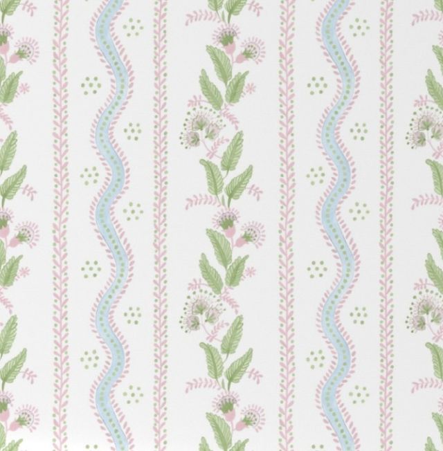 Floral pattern with green leaves and pink flowers on a white background for window valances. Window Valance Stripes and Vines, Designer Floral - Pick Your Color - The Creative Raccoon