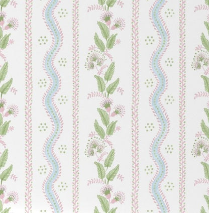 Floral pattern with green leaves and pink flowers on a white background for window valances. Window Valance Stripes and Vines, Designer Floral - Pick Your Color - The Creative Raccoon