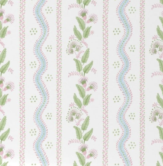 Floral pattern with green leaves and pink flowers on a white background for window valances. Window Valance Stripes and Vines, Designer Floral - Pick Your Color - The Creative Raccoon