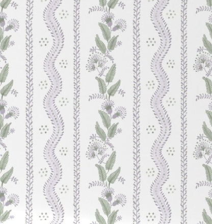 Patterned fabric with green leaves and purple flowers on a white background for window valances. Window Valance Stripes and Vines, Designer Floral - Pick Your Color - The Creative Raccoon 