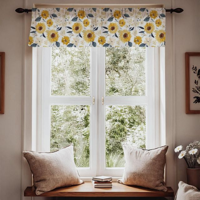 Window with floral valance, pillows on a bench, and a view of greenery outside. Floral curtain with yellow flowers and green leaves on a window.
Window Valance: Sunflower Floral Curtains - The Creative Raccoon
