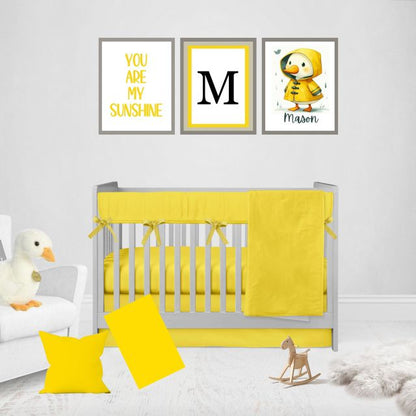 Nursery room with yellow crib bedding, decorative pillows, and wall art.
Yellow Window Valance, Nursery Room Curtain - The Creative Raccoon
