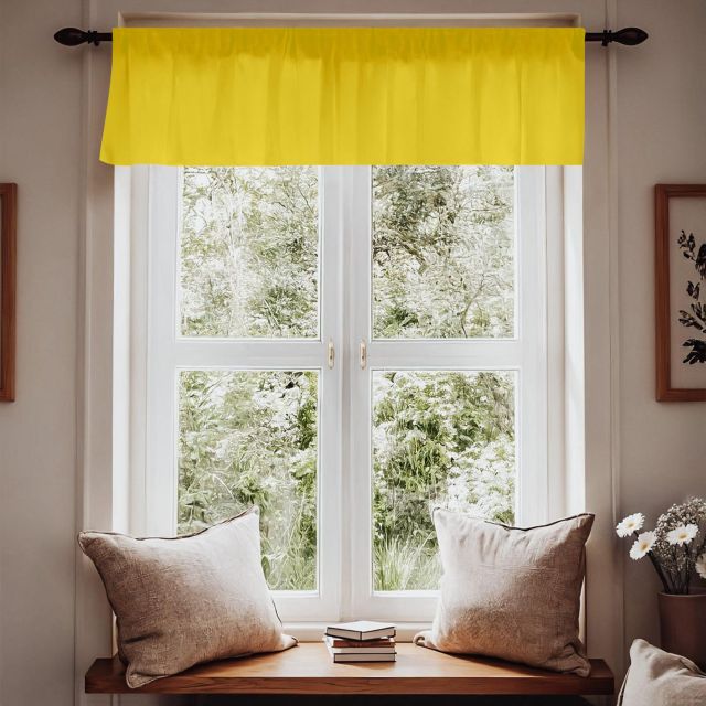 Yellow curtain on a window with a wooden bench and pillows below
Yellow Window Valance, Nursery Room Curtain - The Creative Raccoon