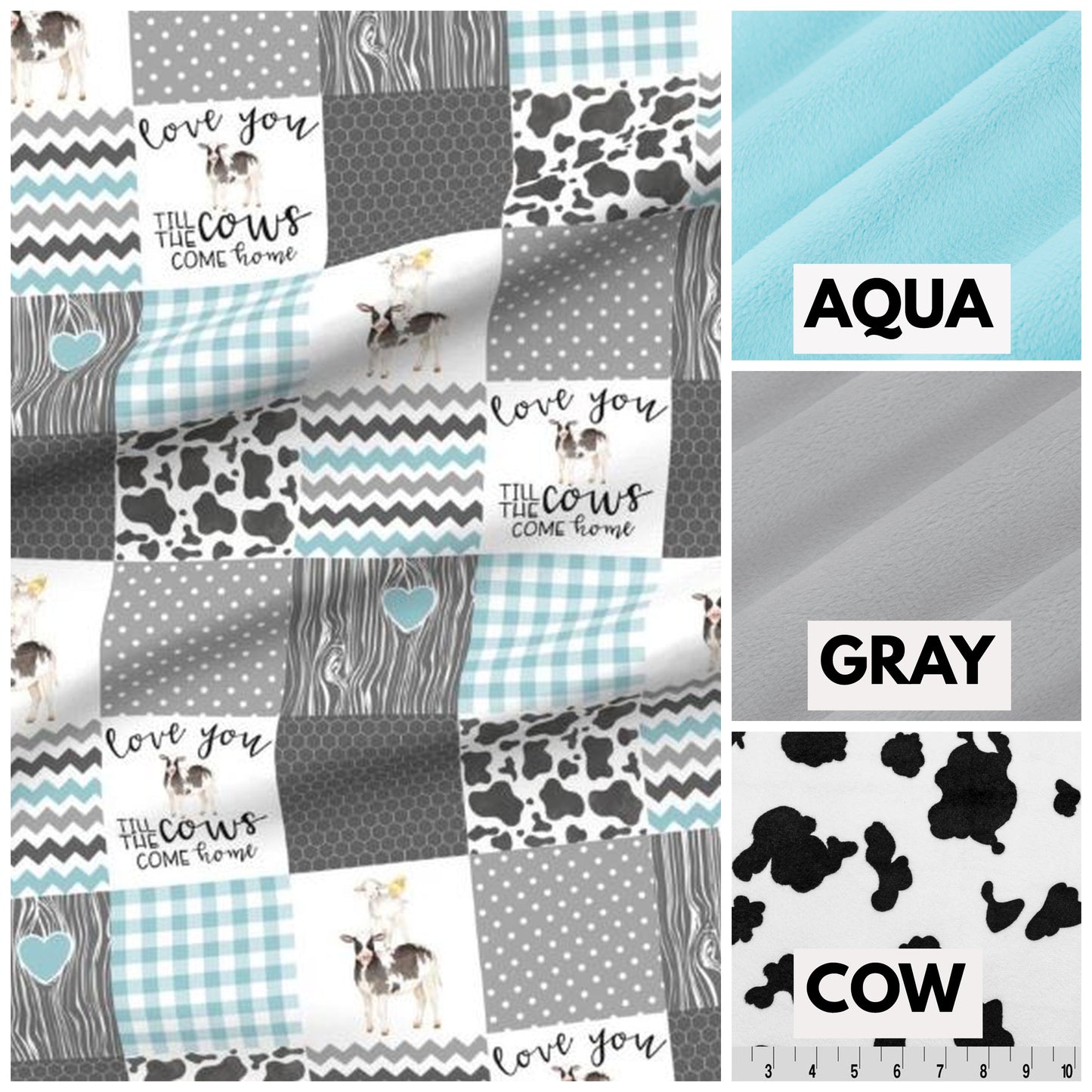 minky colors available for the back of the blanket - aqua, gray & cow print