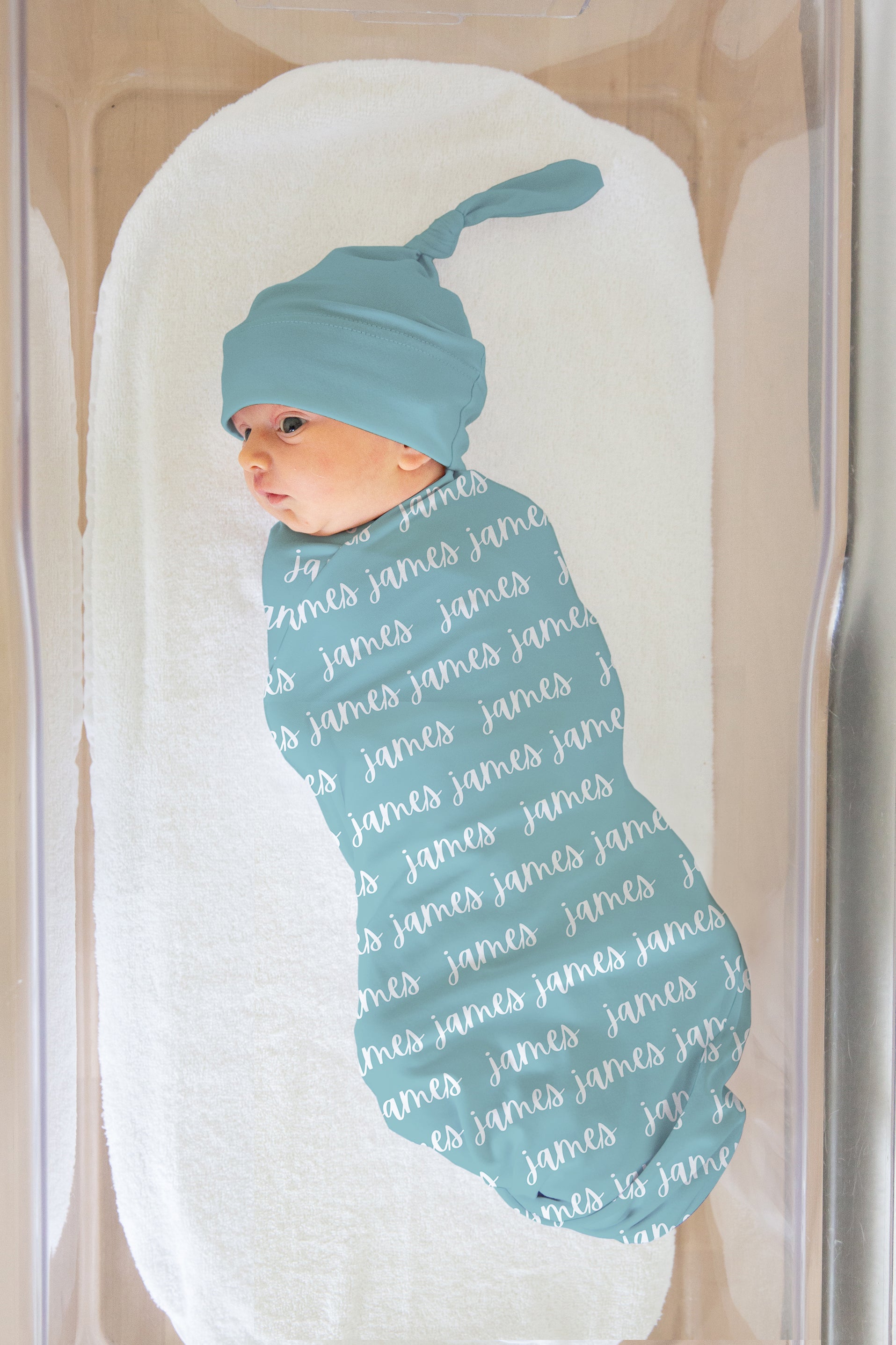 aqua swaddle set with optional name add on. Hat will have the same design