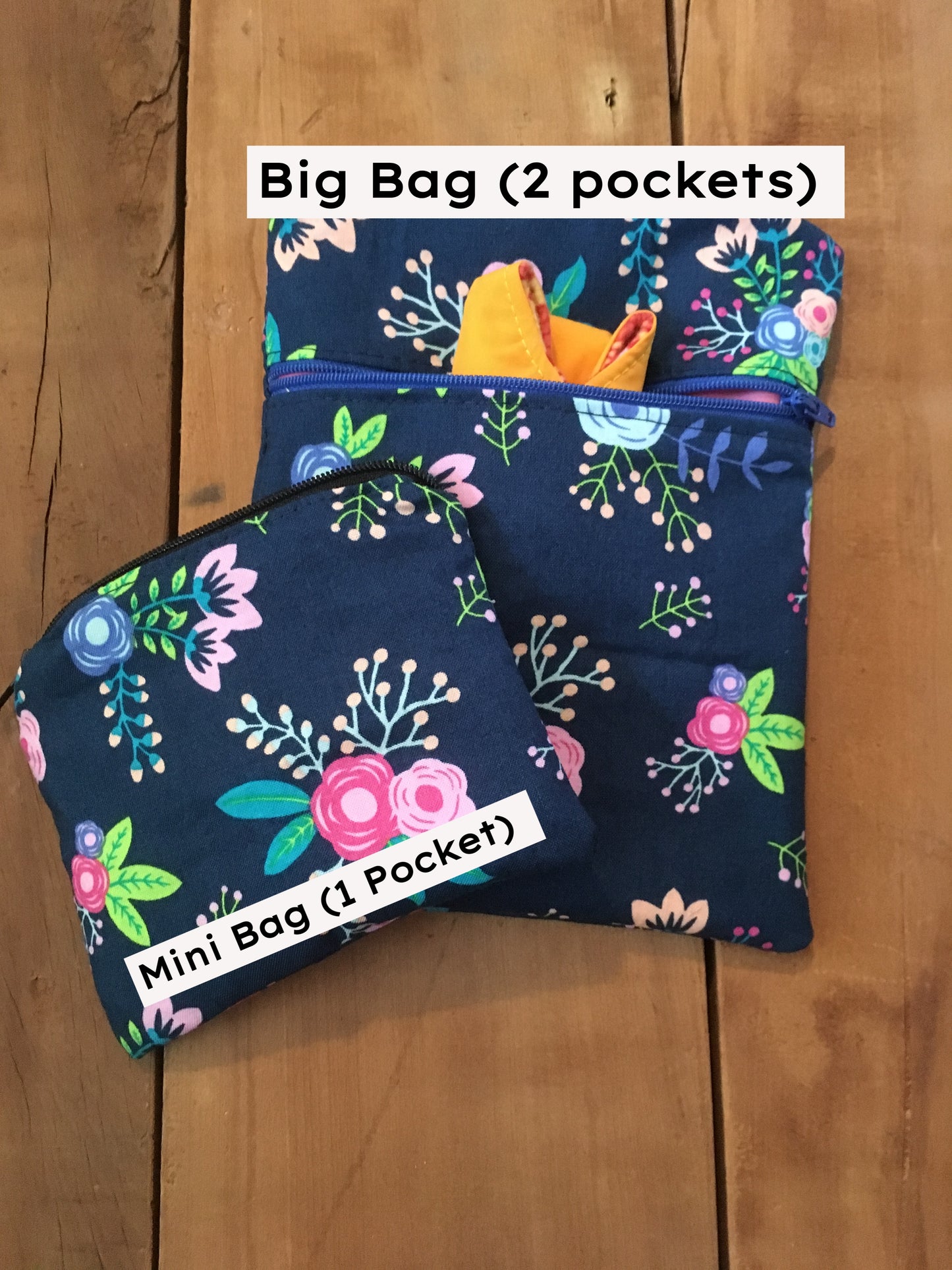 big bag has 2 pockets and mini bag has 1 pocket