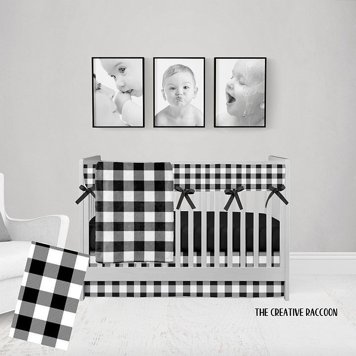 Black Gingham Crib Bedding, 5 Piece Set, Black & White Nursery - The Creative Raccoon