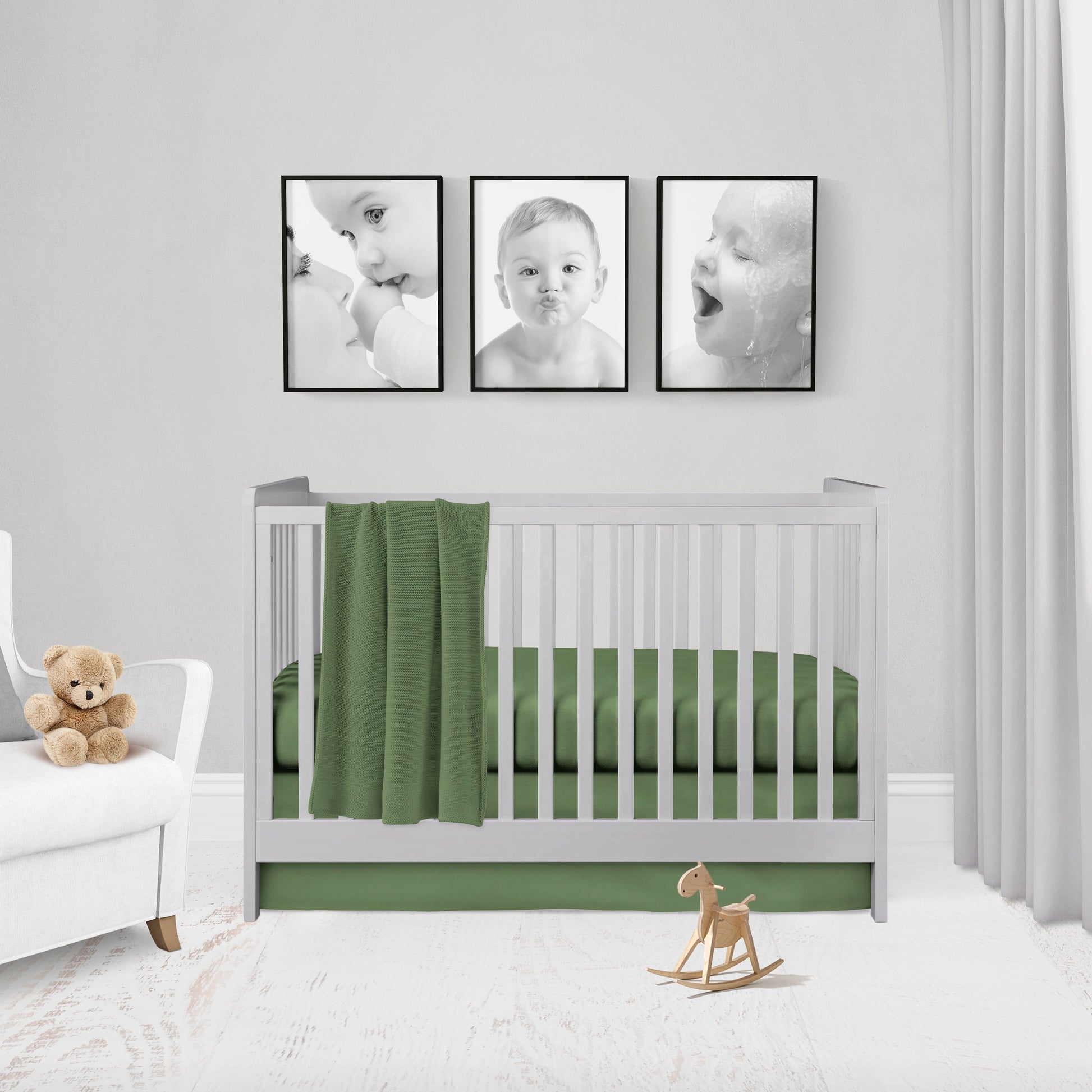 pine green baby blanket, crib sheet & crib skirt