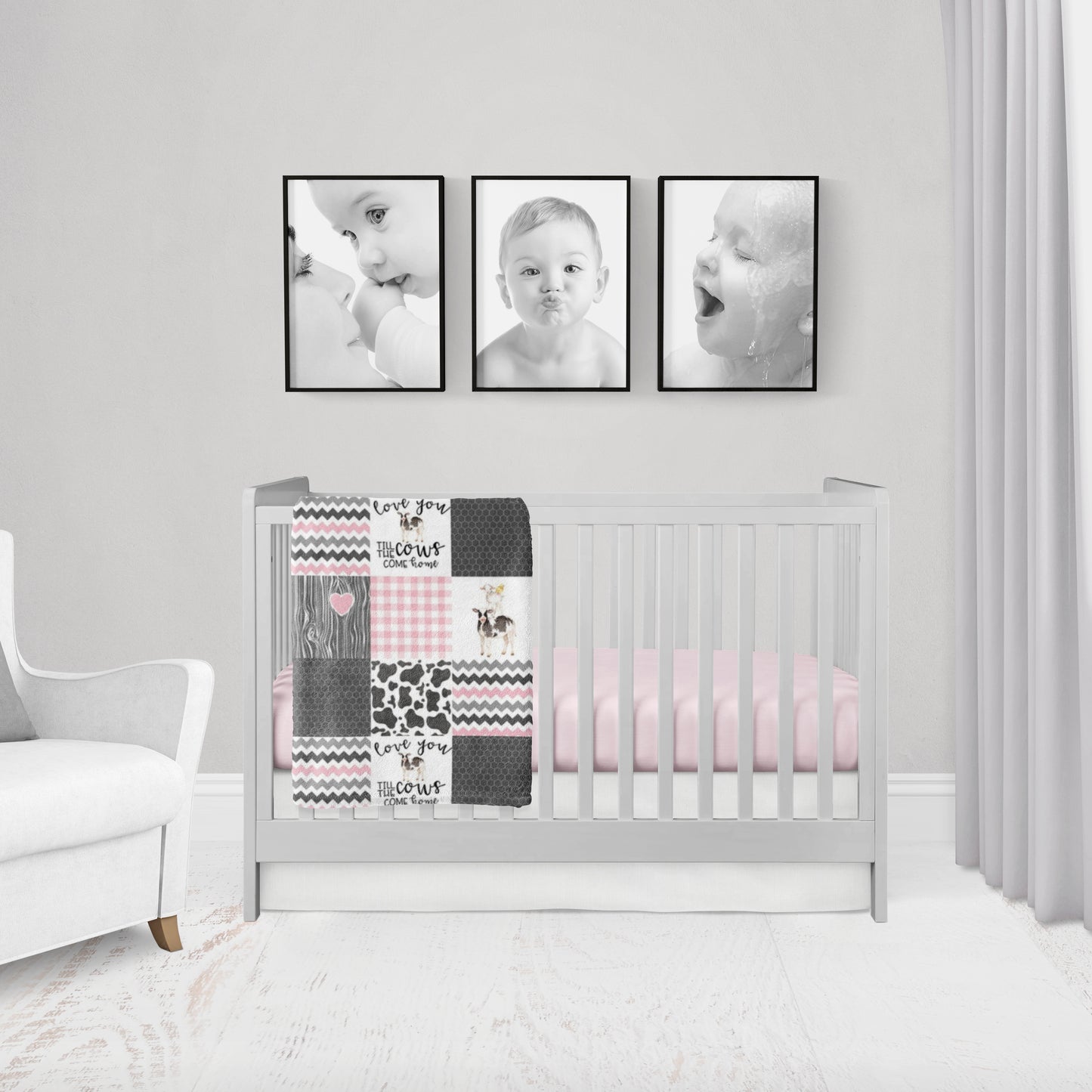 2-Piece set: light pink & gray cow minky or cotton blanket with light pink crib sheet.