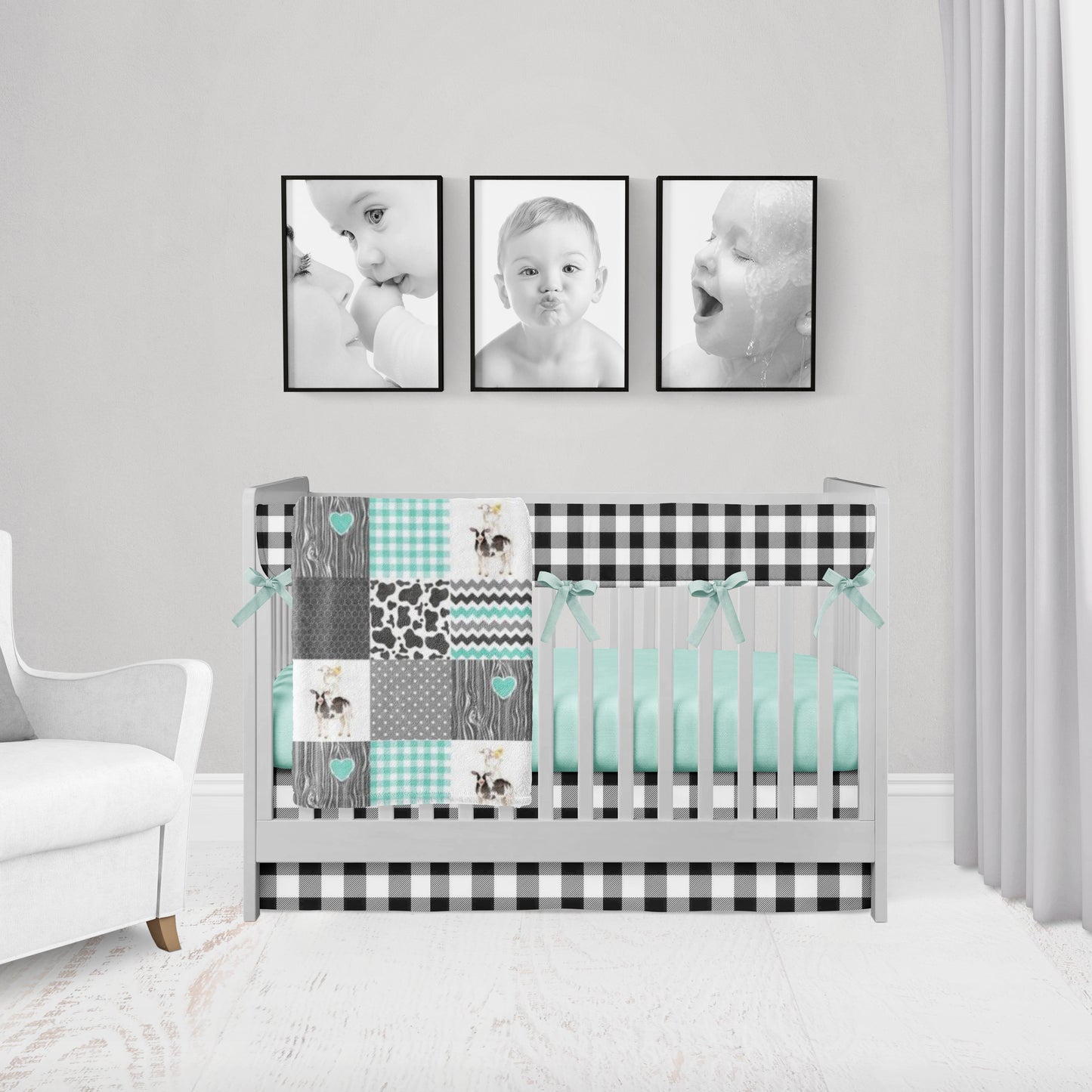 black and white check rail cover & crib skirt with a mint crib sheet & rail cover ties, mint & gray cow minky blanket