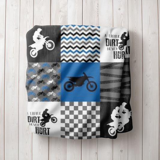 blue and gray motocross dirt bike minky blanket, available in a variety of sizes.  Super soft minky fabric on both sides. 