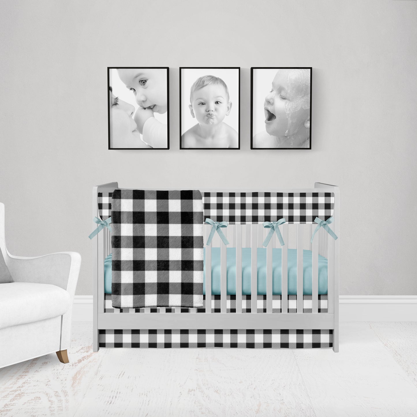 black gingham blanket, rail cover & crib skirt with aqua sheet and aqua ties on the rail cover. all the gingham check will be the same size squares.