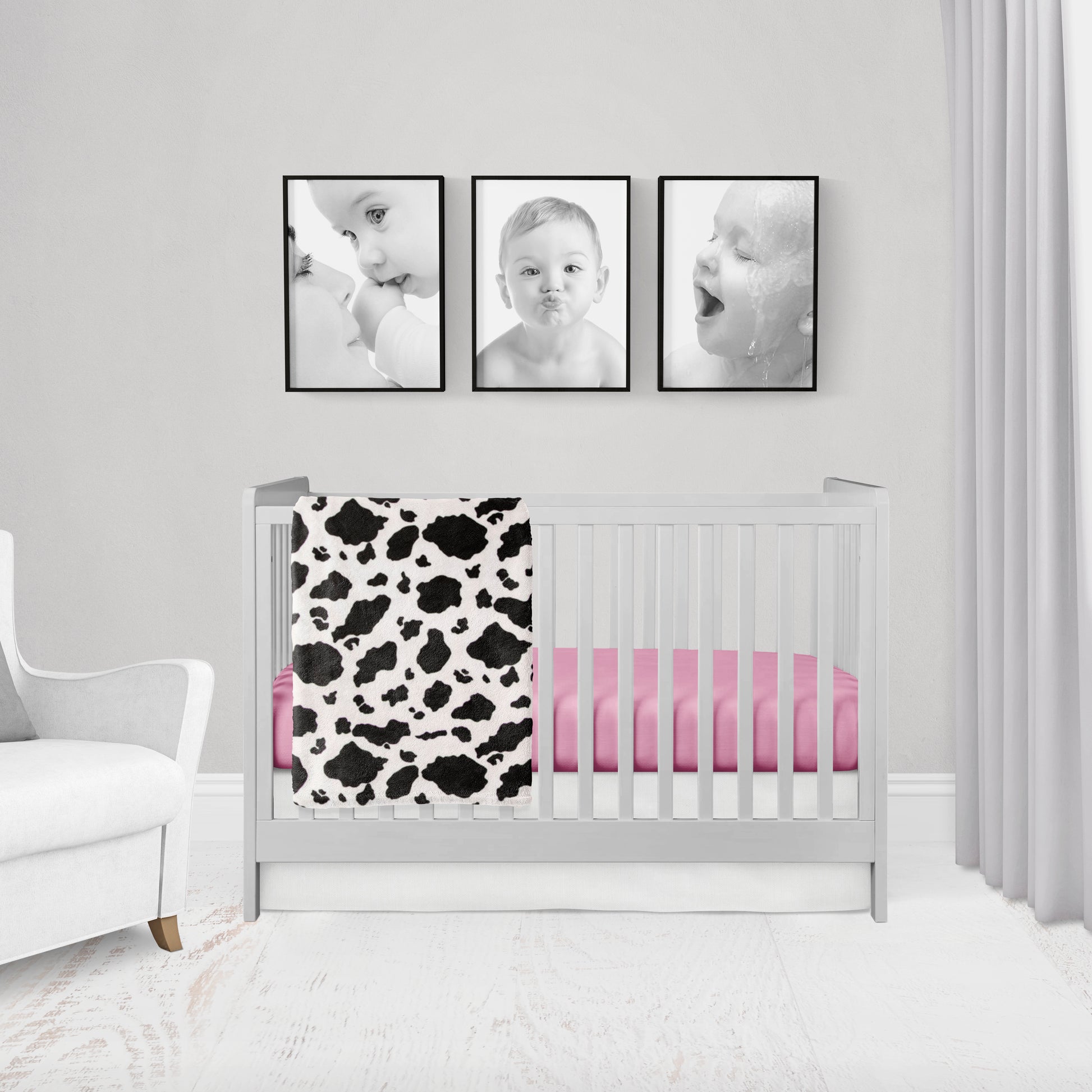 cow cotton or minky blanket & pink crib sheet