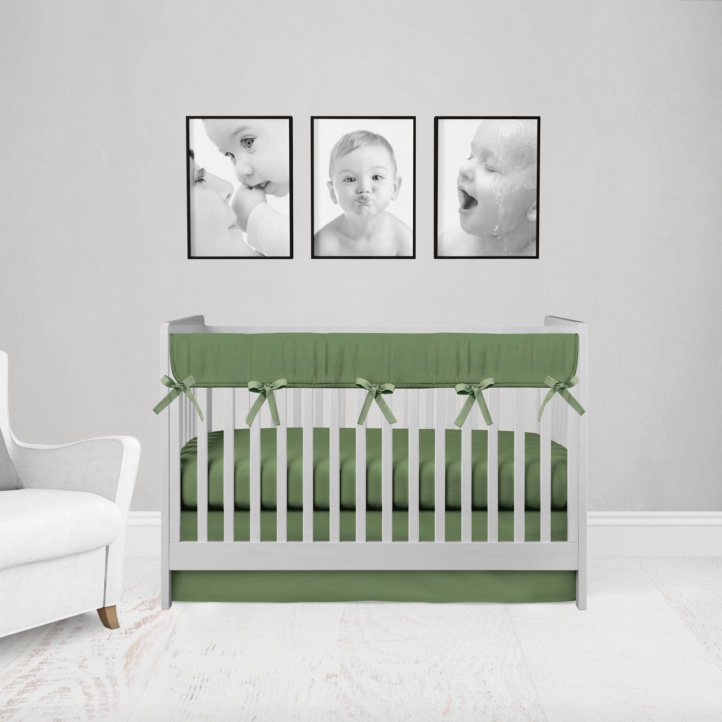green crib rail cover with pine green ties, crib sheet & crib skirt shown in flat option