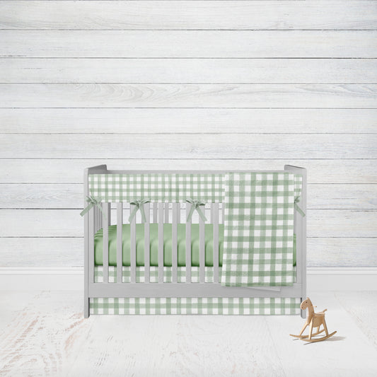 sage gingham check crib bedding set, shown in the 4-piece set with rail cover, sheet, crib skirt & blanket or comforter